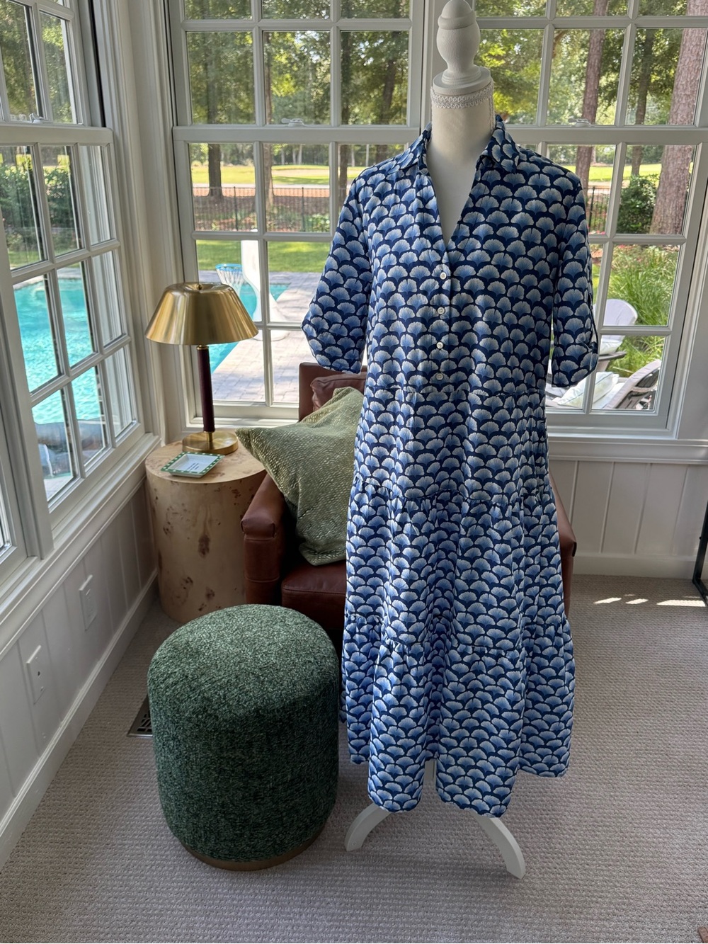 J. McLaughlin Blue Scallop-Print Button-Front Midi Dress
